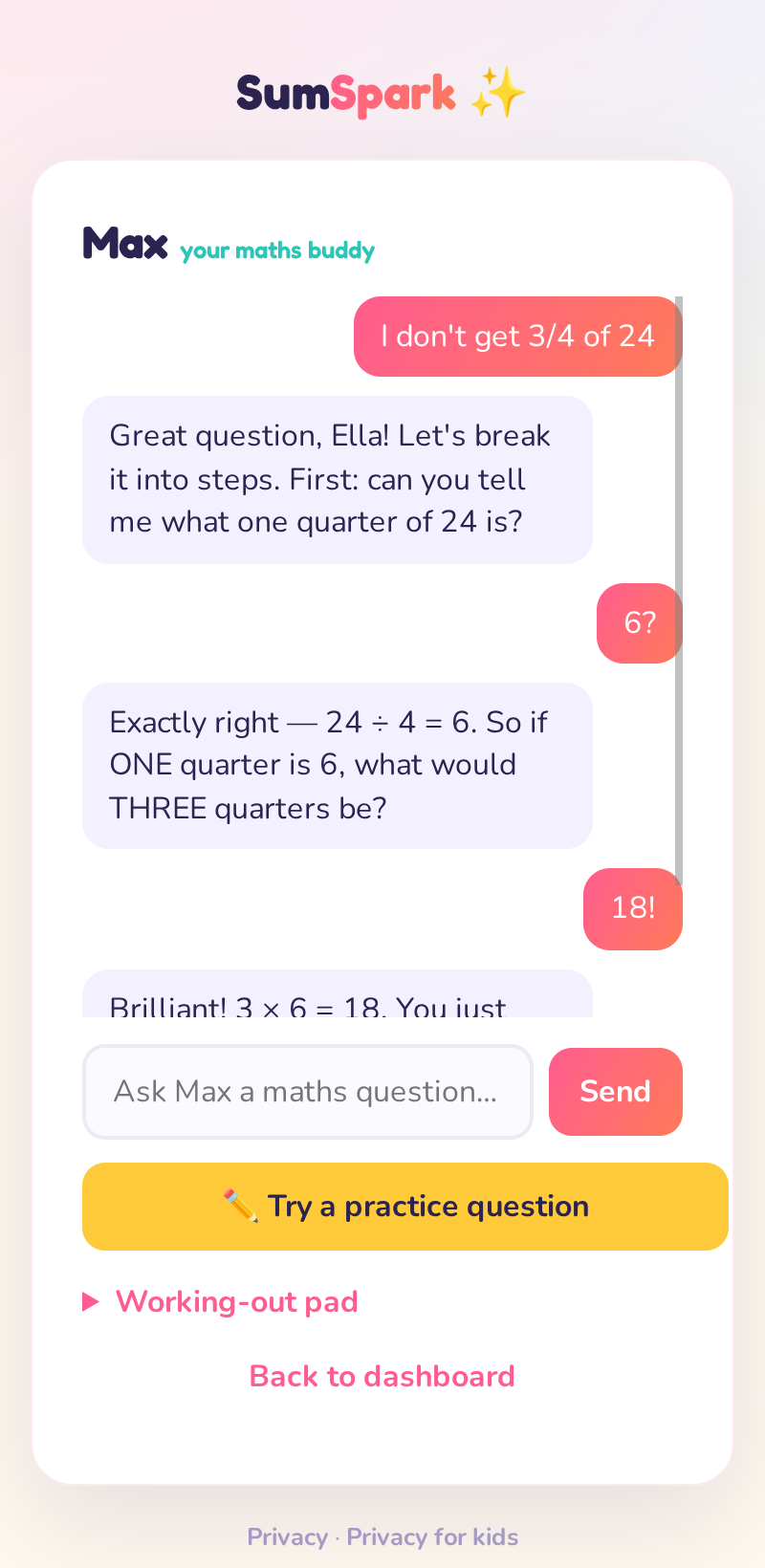 A SumSpark chat where Max guides Ella through three-quarters of 24, one small question at a time